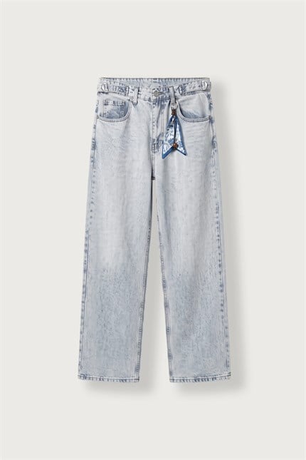 Erkek Süper Baggy Kemer Tokalı Yıkamalı Jean Buz Mavi