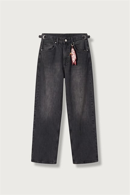 Erkek Süper Baggy Kemer Tokalı Yıkamalı Jean Siyah