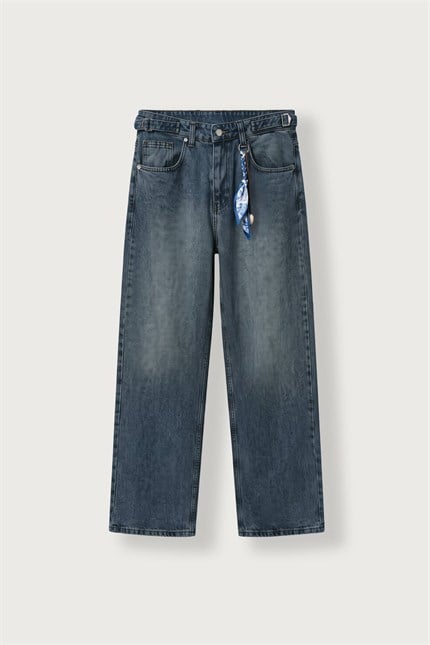 Erkek Süper Baggy Kemer Tokalı Yıkamalı Jean Lacivert