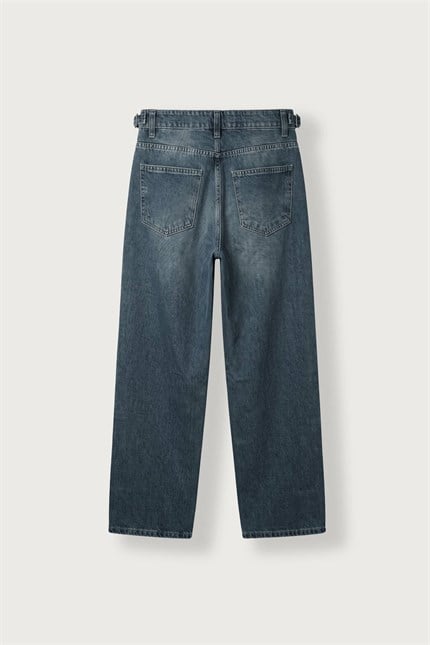 Erkek Süper Baggy Kemer Tokalı Yıkamalı Jean Lacivert