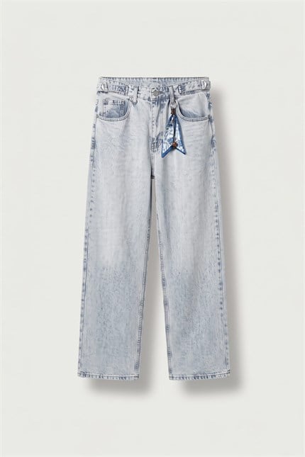 Erkek Süper Baggy Kemer Tokalı Yıkamalı Jean Buz Mavi