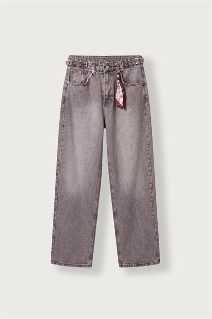 Erkek Süper Baggy Kemer Tokalı Yıkamalı Jean Kahverengi