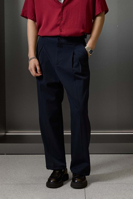 Erkek Süper Baggy Pileli Geniş Paça Gabardin Pantolon Lacivert