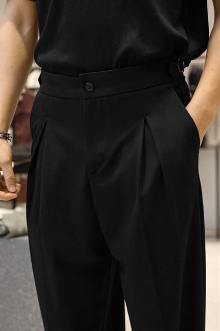 Erkek Süper Baggy Pileli Geniş Paça Gabardin Pantolon Siyah
