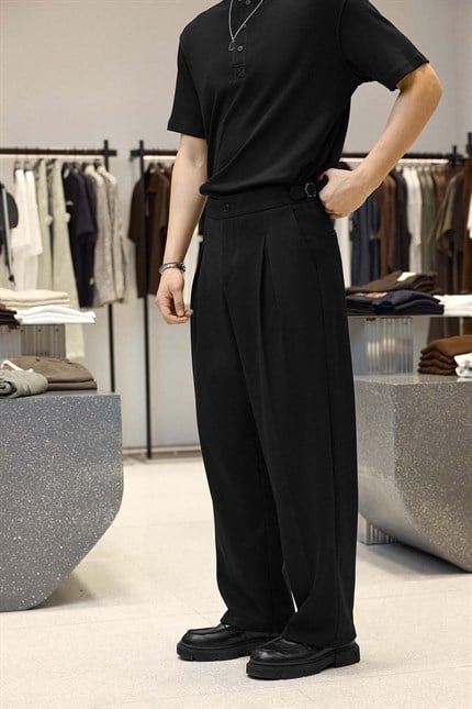 Erkek Süper Baggy Pileli Geniş Paça Gabardin Pantolon Siyah