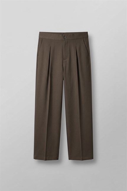 Erkek Süper Baggy Pileli Geniş Paça Gabardin Pantolon Açık Kahve