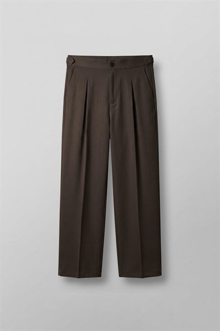 Erkek Süper Baggy Pileli Geniş Paça Gabardin Pantolon Koyu Kahve