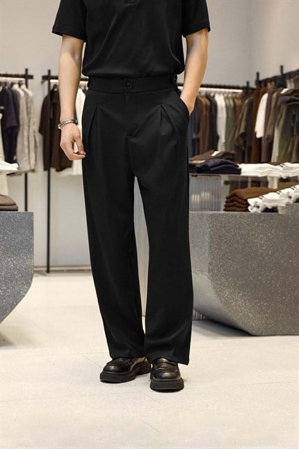 Erkek Süper Baggy Pileli Geniş Paça Gabardin Pantolon Siyah