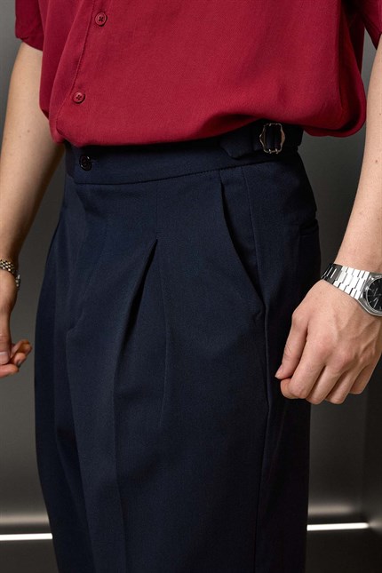 Erkek Süper Baggy Pileli Geniş Paça Gabardin Pantolon Lacivert