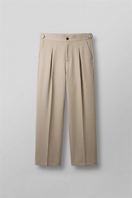 Erkek Süper Baggy Pileli Geniş Paça Gabardin Pantolon Bej