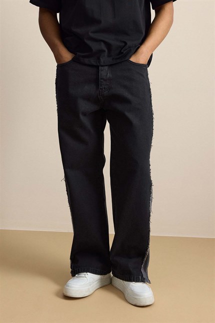 Erkek Süper Baggy Yan Panel Detaylı Jean Pantolon Siyah