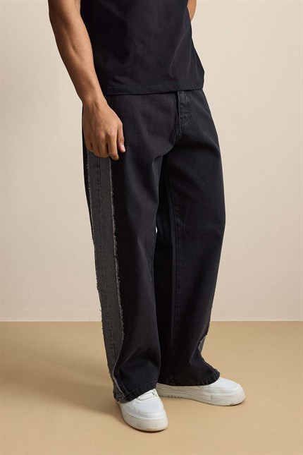 Erkek Süper Baggy Yan Panel Detaylı Jean Pantolon Siyah