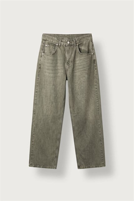 Erkek Süper Baggy Yıkamalı Jean Pantolon Haki Yeşil