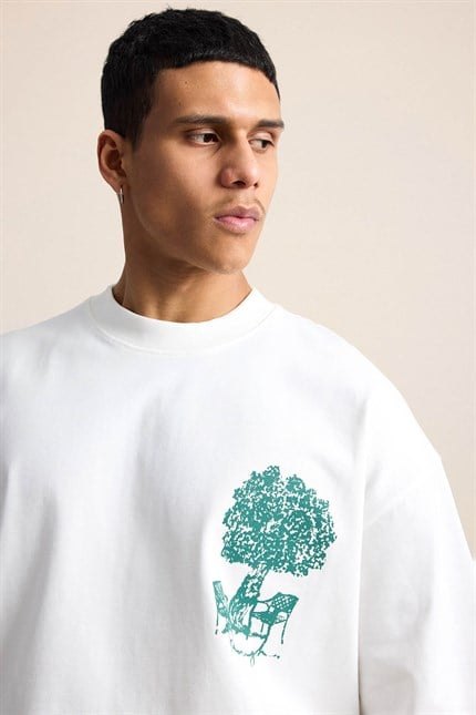 Erkek Süper Oversize %100 Pamuk Nature Baskılı T-Shirt Ekru