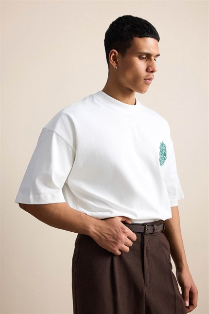 Erkek Süper Oversize %100 Pamuk Nature Baskılı T-Shirt Ekru