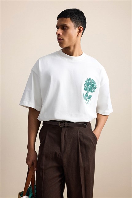 Erkek Süper Oversize %100 Pamuk Nature Baskılı T-Shirt Ekru