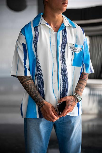 Erkek Süper Oversize Desenli Kısa Kollu Gömlek Mavi