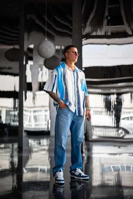 Erkek Süper Oversize Desenli Kısa Kollu Gömlek Mavi