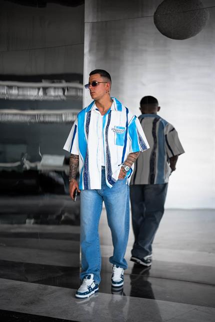 Erkek Süper Oversize Desenli Kısa Kollu Gömlek Mavi