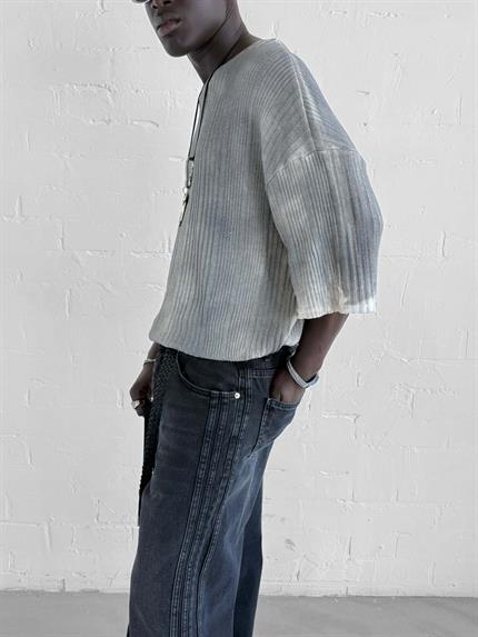 Erkek Super Oversize Desenli Triko T-Shirt Siyah