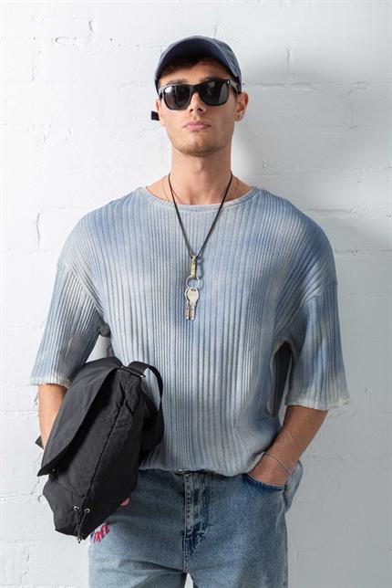 Erkek Super Oversize Desenli Triko T-Shirt Mavi