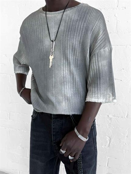 Erkek Super Oversize Desenli Triko T-Shirt Siyah