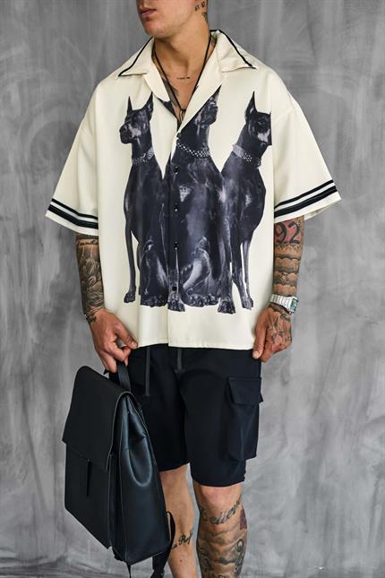Erkek Süper Oversize Doberman Desenli Kısa Kollu Gömlek Krem