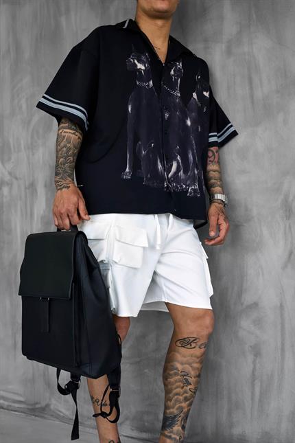 Erkek Süper Oversize Doberman Desenli Kısa Kollu Gömlek Siyah