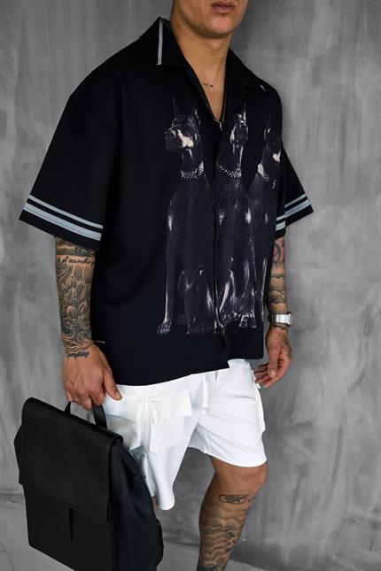 Erkek Süper Oversize Doberman Desenli Kısa Kollu Gömlek Siyah