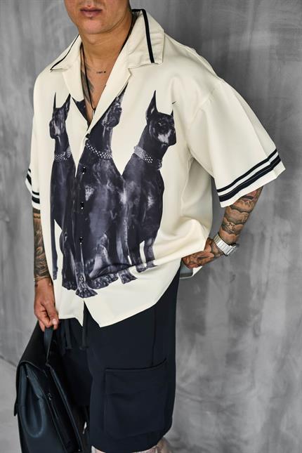 Erkek Süper Oversize Doberman Desenli Kısa Kollu Gömlek Krem