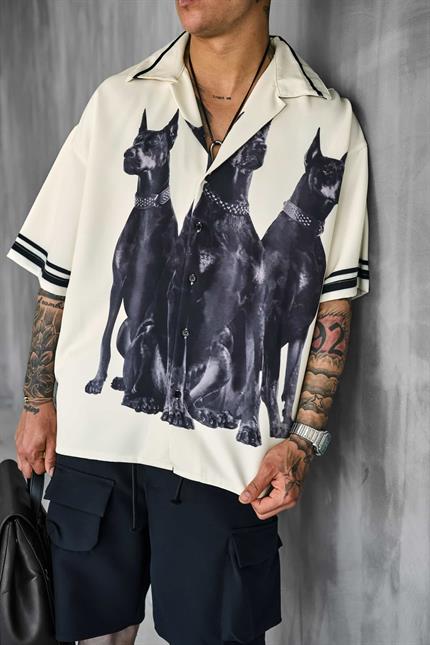 Erkek Süper Oversize Doberman Desenli Kısa Kollu Gömlek Krem