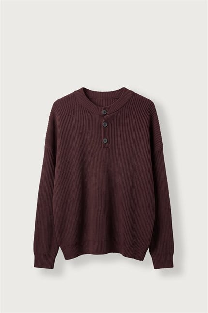 Erkek Oversize Henley Yaka Triko Kazak Bordo
