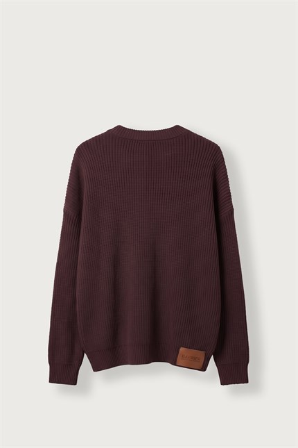 Erkek Oversize Henley Yaka Triko Kazak Bordo