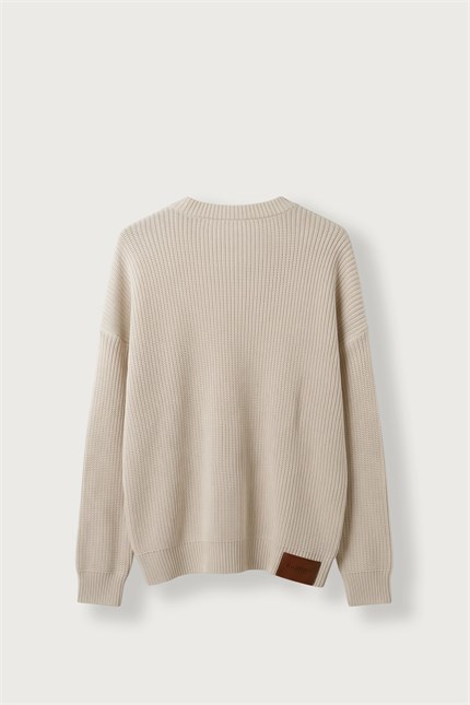 Erkek Oversize Henley Yaka Triko Kazak Bej