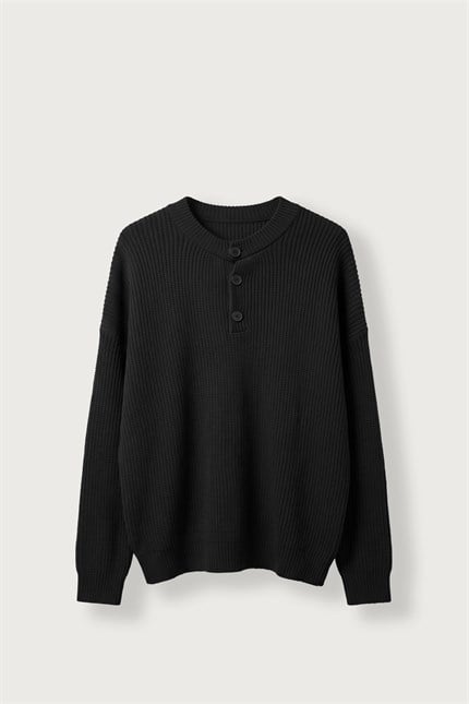 Erkek Oversize Henley Yaka Triko Kazak Siyah