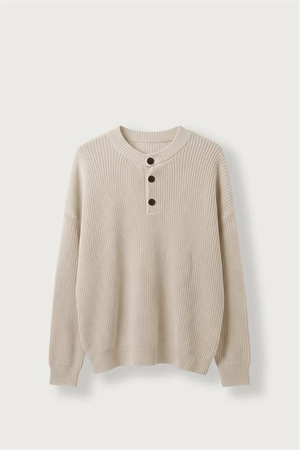 Erkek Oversize Henley Yaka Triko Kazak Bej