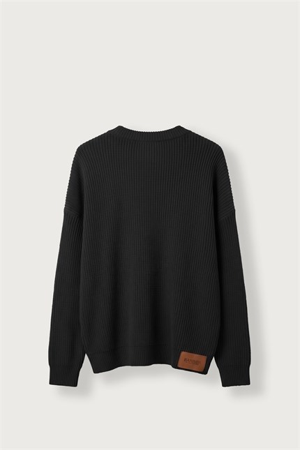 Erkek Oversize Henley Yaka Triko Kazak Siyah