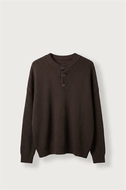 Erkek Oversize Henley Yaka Triko Kazak Kahverengi