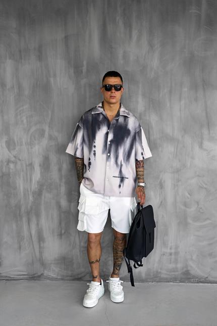 Erkek Süper Oversize Kısa Kollu Desenli Gömlek Siyah