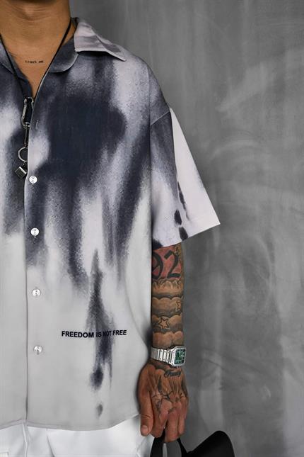 Erkek Süper Oversize Kısa Kollu Desenli Gömlek Siyah