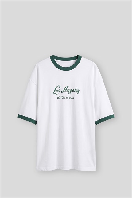 Erkek Süper Oversize LA Baskılı Kontrast Yaka T-Shirt Beyaz