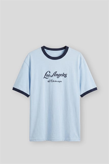 Erkek Süper Oversize LA Baskılı Kontrast Yaka T-Shirt Bebek Mavi