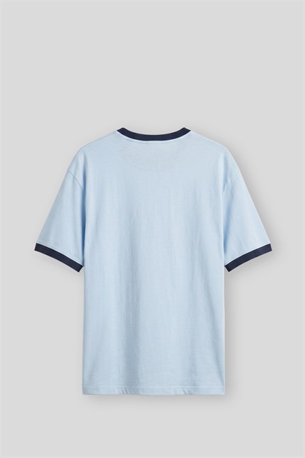 Erkek Süper Oversize LA Baskılı Kontrast Yaka T-Shirt Bebek Mavi