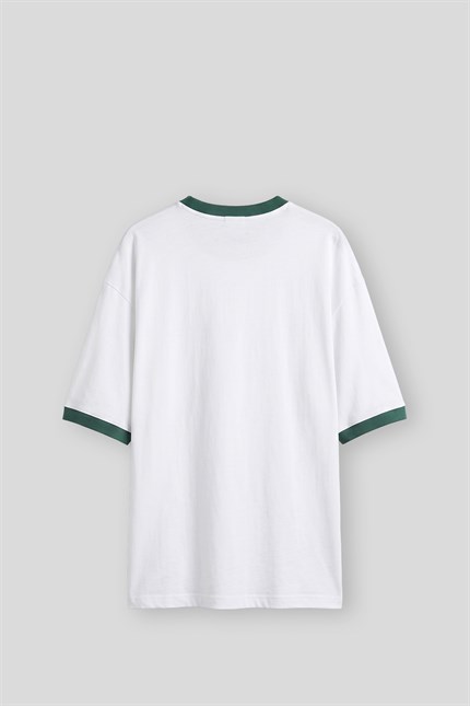 Erkek Süper Oversize LA Baskılı Kontrast Yaka T-Shirt Beyaz