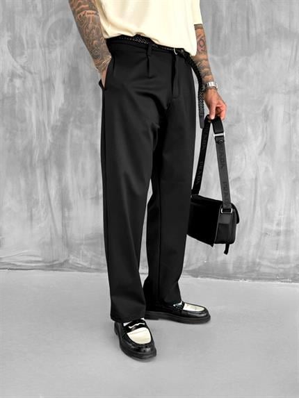 Erkek Tek Pileli Baggy Fit Pantolon Siyah