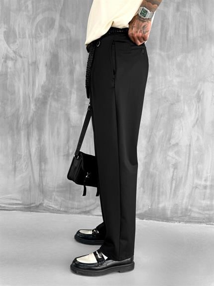 Erkek Tek Pileli Baggy Fit Pantolon Siyah