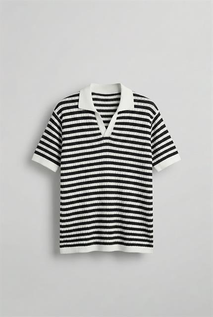 Erkek Triko Polo Yaka Çizgili T-Shirt Siyah