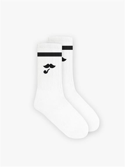 Erkek Unisex Bıyık Baskılı Uzun Kolej Tenis Çorap Beyaz