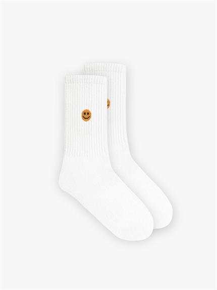 Erkek Unisex Emoji Baskılı Uzun Kolej Tenis Çorap Beyaz
