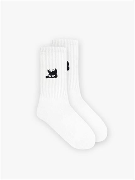 Erkek Unisex Kedi Desenli Uzun Kolej Tenis Çorap Beyaz